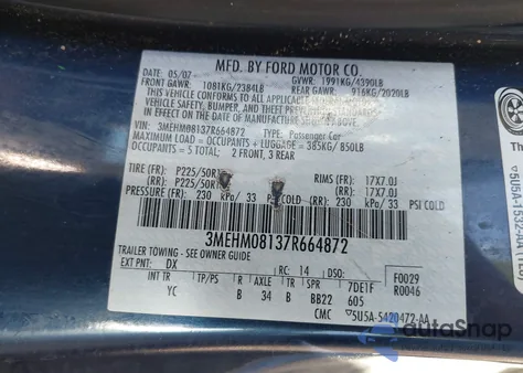 2007 Mercury Milan V6 Premier from USA, damaged, VIN 3MEHM08137R664872